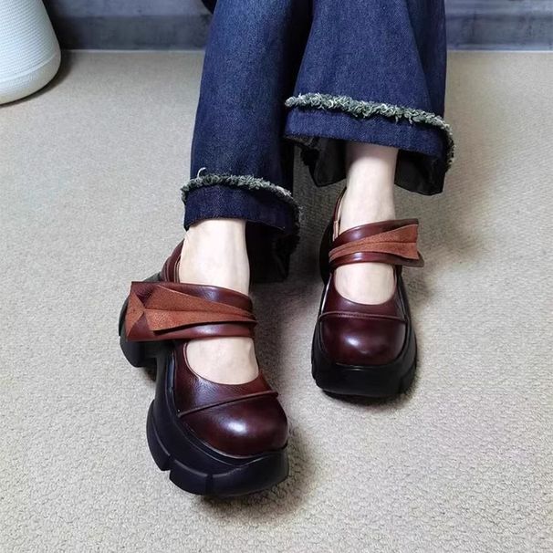 Soft Leather Thick Soled Coarse Single Order Spring And Autumn 2025, New Velcro Height Increasing Flat Ribbon Sponge_vogvips.com