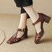 Women's Roman In Soft Leather, French Style, New Summer 2025 Model, Hollow-out Design, Chunky Heel, Closed Toe, Vintage_vogvips.com