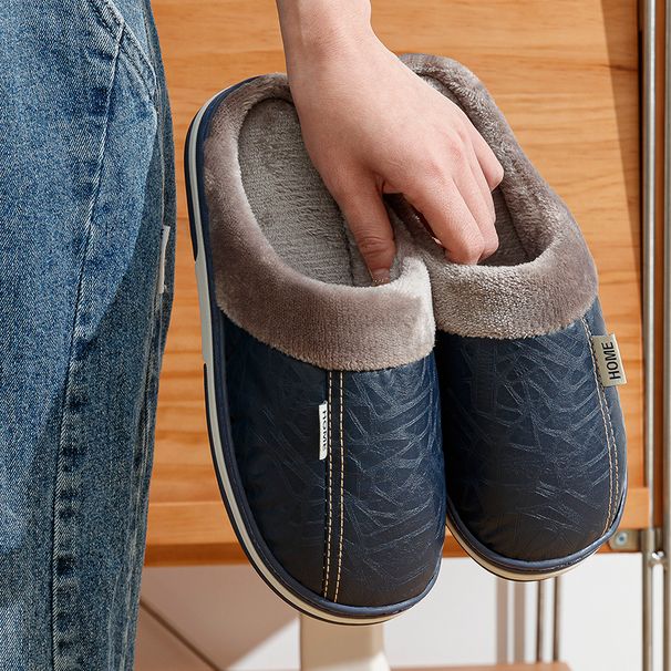 Men's Big Size Winter Slippers Indoor PU Leather Home Waterproof Fluffy Casual Slides Men Bedroom Comfy Shoes Houseshoes_vogvips.com
