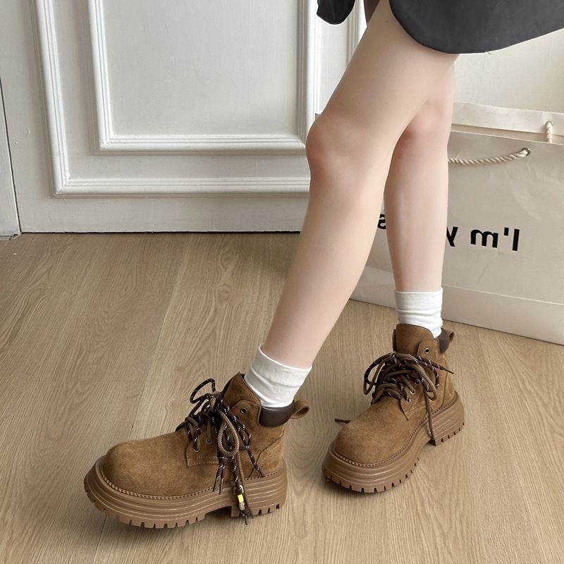 Platform Lace-up Martin For Women 2025 Autumn New Fashion Workwear Yellow Melad Short Boots_vogvips.com