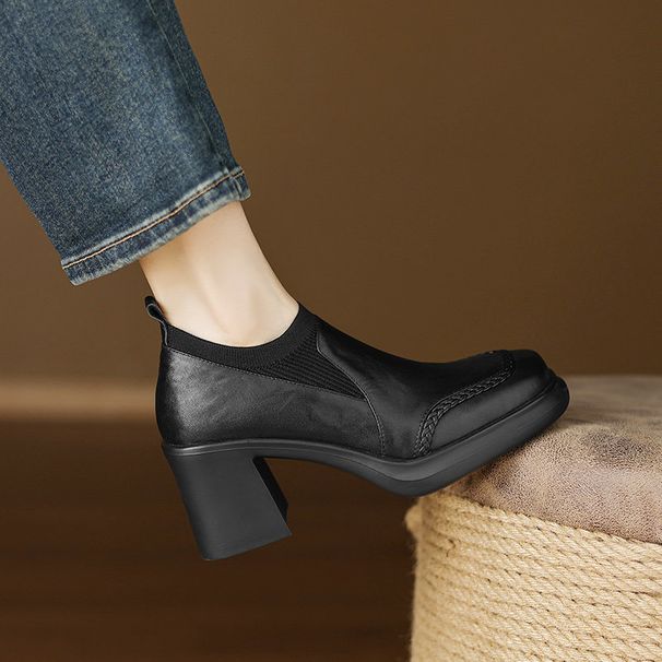 Women's Shoes Leather Single Shoes, New Autumn Style, High Heels, British Style, Matching Skirts, Chunky Heel Leather Shoes._vogvips.com