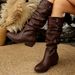 Retro Pleated Knee High Boots For Women Belt Buckle Mid Heel Plus Size Autumn Style Solid Plain PU Suede Riding Boots_vogvips.com