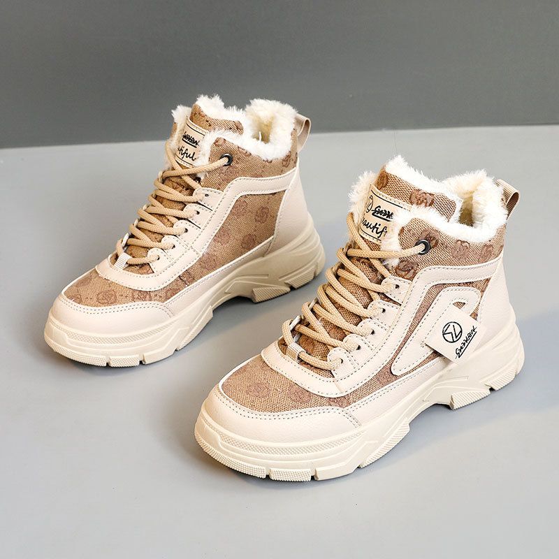 W2577 New 2024 Autumn Winter Korean Style Women's Color Block Fleece-Lined Mid-Cut Snow Boots Cotton Shoes Height_vogvips.com