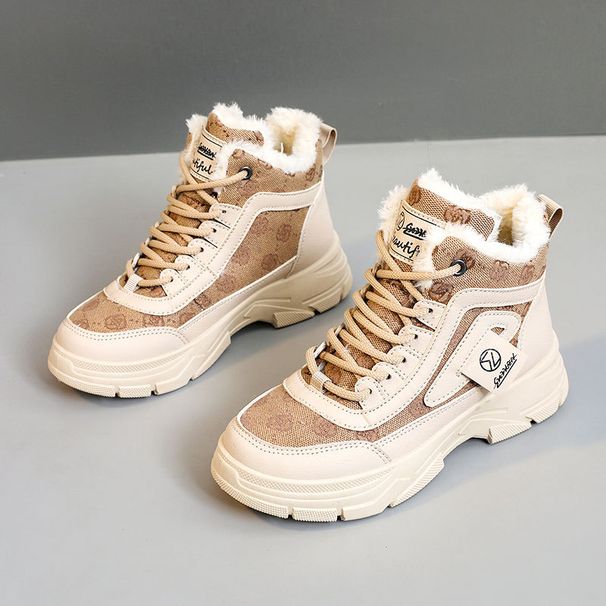 W2577 New 2024 Autumn Winter Korean Style Women's Color Block Fleece-Lined Mid-Cut Snow Boots Cotton Shoes Height_vogvips.com