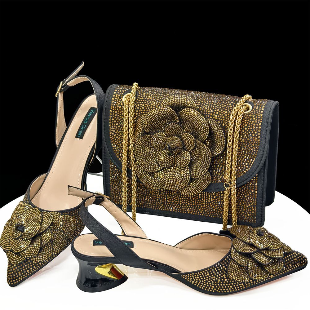 Women Shoe Bag Set Black Gold Pointed Toe High Heels Matching Square Shoulder Flower Decoration Women S Shoes And Bag Set_vogvips.com