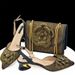 Women Shoe Bag Set Black Gold Pointed Toe High Heels Matching Square Shoulder Flower Decoration Women S Shoes And Bag Set_vogvips.com