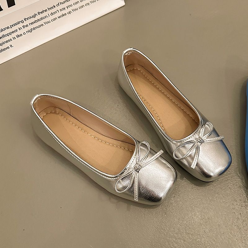 2025 Summer New Silver French Bow With Skirt Soft Bottom Bean Shoes Casual Daily Fashion Exquisite_vogvips.com