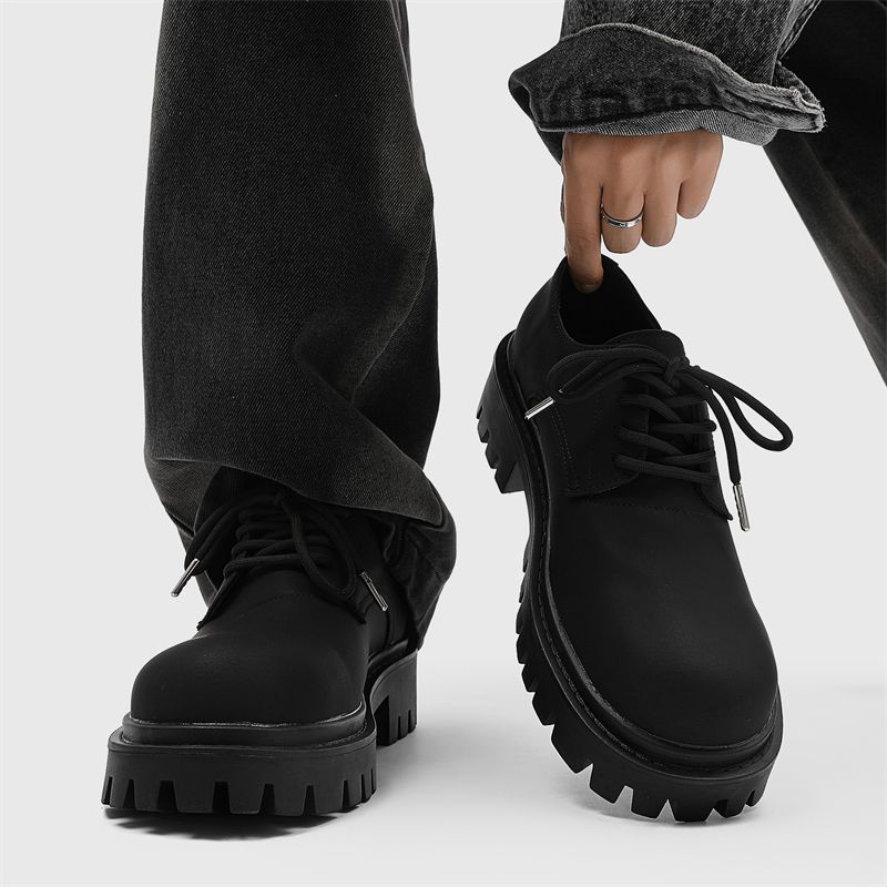 Derby Men's Thick Bottom 5cm Lace-up Round Matte Frosted Small Leather Cleanfit Increased By Big Head Shoes_vogvips.com