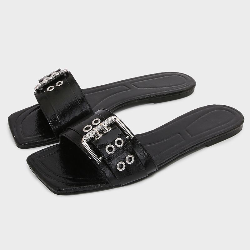 Summer Women's Black Buckle Wide Strap Flat Sandals Square Toe Casual Slippers Comfortable Shoes_vogvips.com