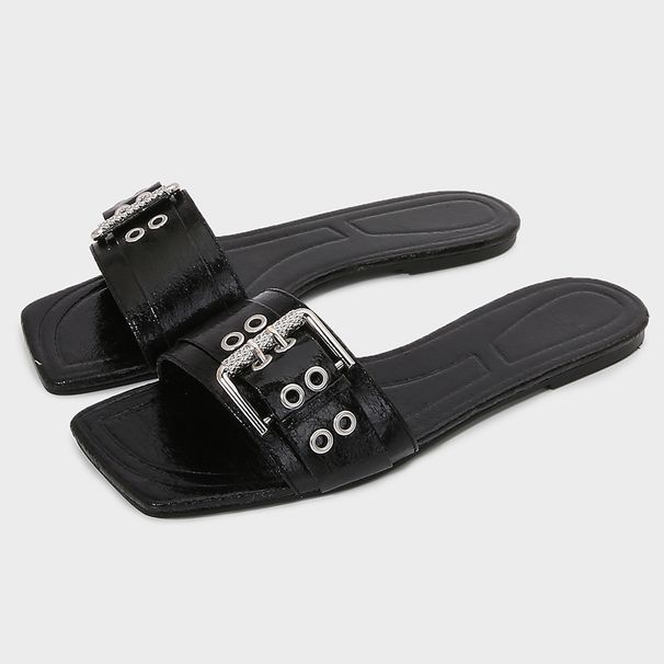 Summer Women's Black Buckle Wide Strap Flat Sandals Square Toe Casual Slippers Comfortable Shoes_vogvips.com