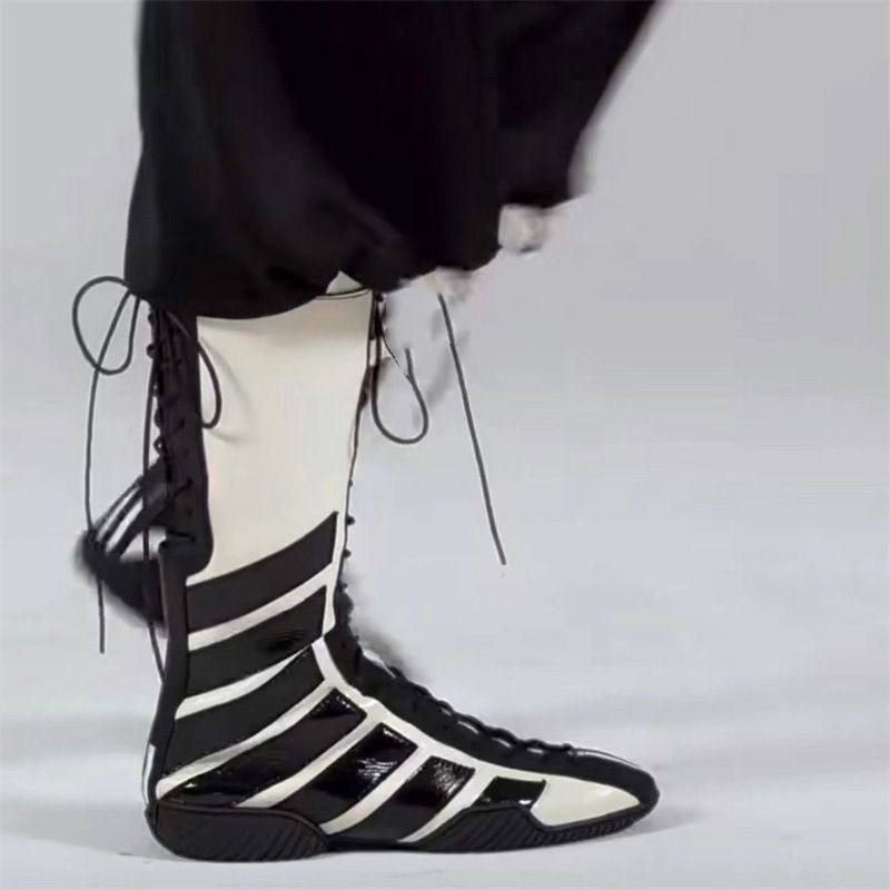 Women Boxing Boots Fashionable 2025 Autumn Winter New Cool Boxing Boots Ding Version Lace-Up Patchwork Striped Top Layer Cowhide Pure_vogvips.com