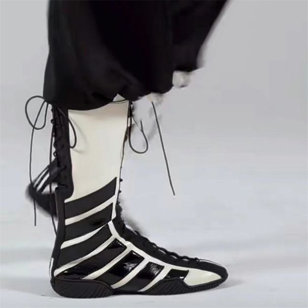 Women Boxing Boots Fashionable 2025 Autumn Winter New Cool Boxing Boots Ding Version Lace-Up Patchwork Striped Top Layer Cowhide Pure_vogvips.com