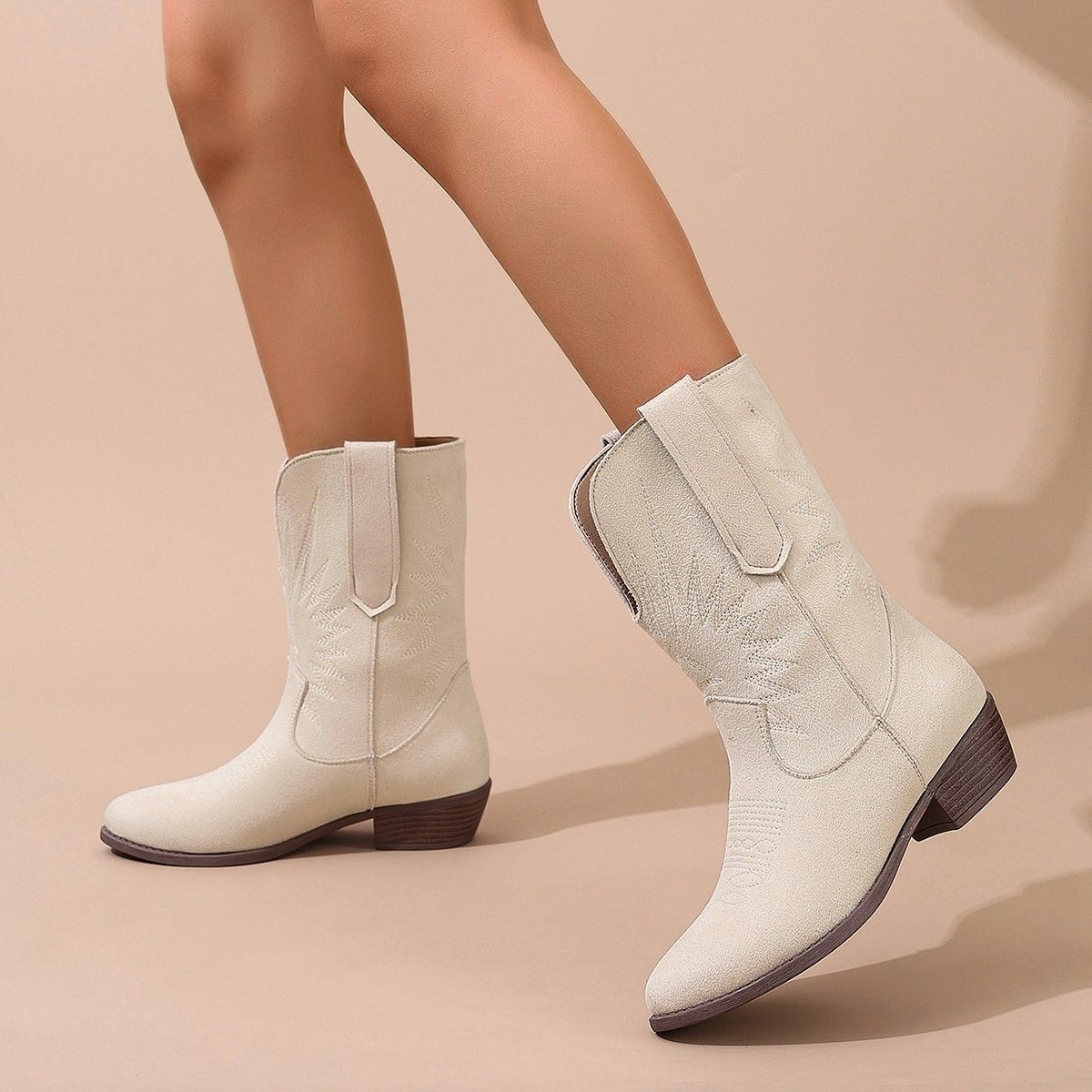 Women's Pointed Toe Western Cowboy Boots Mid-Calf Chunky Heel Ankle Boots Stylish Light Luxury Fall Winter Fashion_vogvips.com