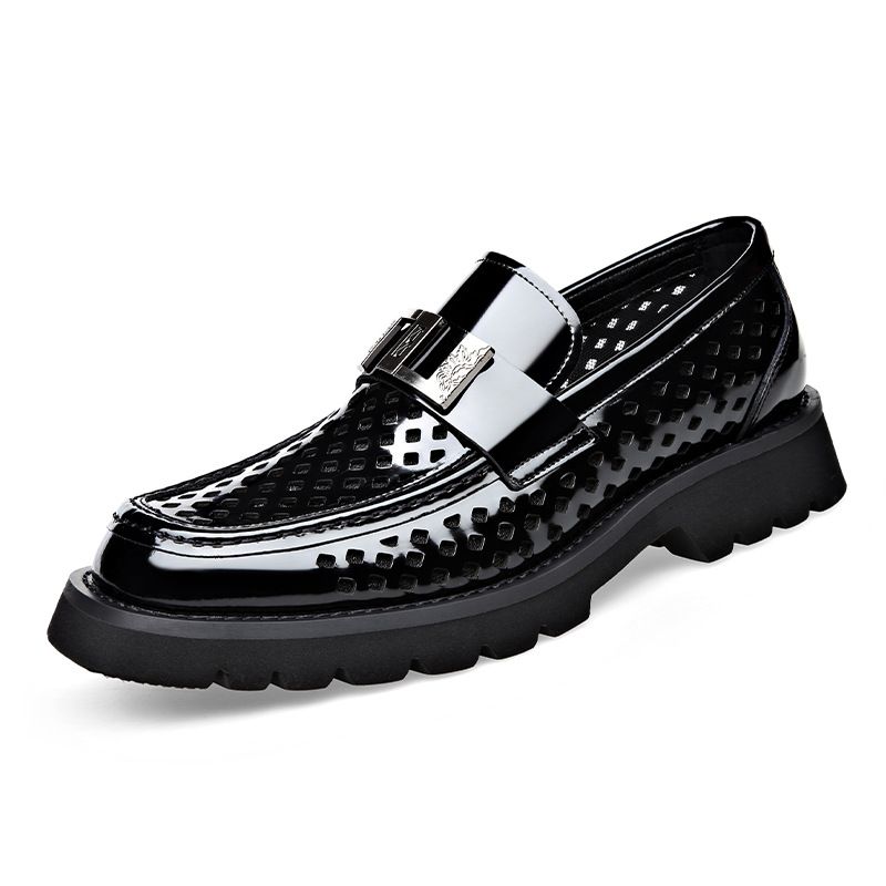 Casual Leather Shoes Men, Perforated One Foot Stomping, Loafers, Fashionable Trendy, Shiny Leather, Big Toe Shoes,_vogvips.com
