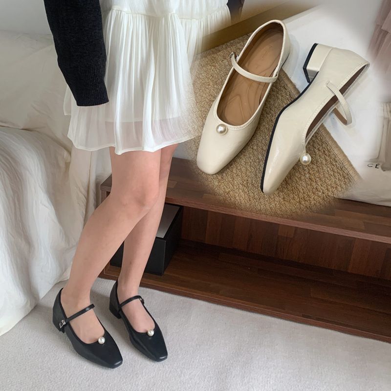 2025 Spring New Pearl Square-Toe Women's French Retro Mary Jane Soft Leather Chunky Heel Elegant Mid-Heel Shoes_vogvips.com