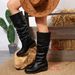 Women's Plus Size Pleated High Boots British Style Chunky Heel Retro Slip-On PU Suede Mid Heel Long Boots For Autumn_vogvips.com