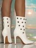 Women's Fashion White PU Leather Pointed Toe Stiletto Heel Boots With Cut-Out Design, Mid-Calf Height, Side Zipper, Comfortable For Daily Wear_vogvips.com