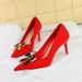 Women's Shoes Thin Heel High Heel Satin Light Mouth Pointed Metal Bow Single Shoes_vogvips.com