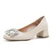 Genuine French-style Rhinestone Square-toed Chunky Heel Pumps, Soft Leather Shallow High-heeled Shoes Bridesmaids And_vogvips.com