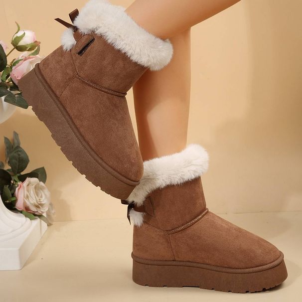 Add fleece and thick snow boots a slip-on 2024 winter new thick soled middle help hairy bow cotton shoes_vogvips.com