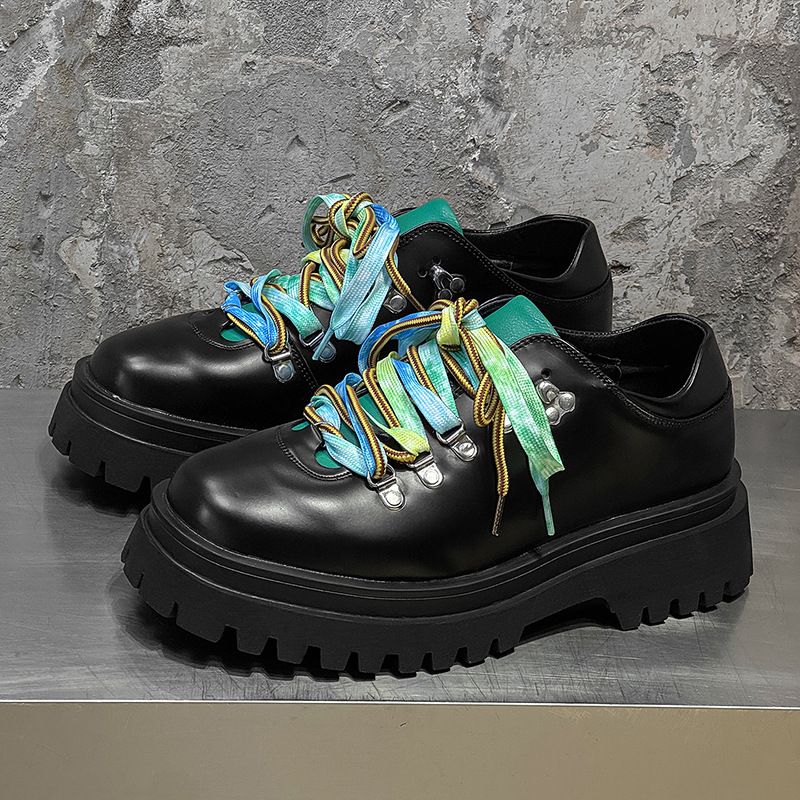Colorful Lace Casual Men's Derby Shoes, Low Cut Workwear Shoes, Thick Soled Height Increasing British Style Men's Shoes_vogvips.com