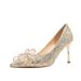 Women's Shoes Wedding Shoes High Heels Women's Stiletto Sequins Fashionable Bow Champagne Color Ladies Single Shoes French Temperament Single Shoes_vogvips.com