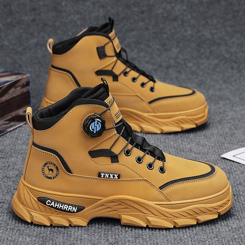 European Warm Series Men's Martin Autumn Winter New Rotating Buckle Thick Sole Work High Top Trendy Shoes Versatile Height Increasing Yellow_vogvips.com