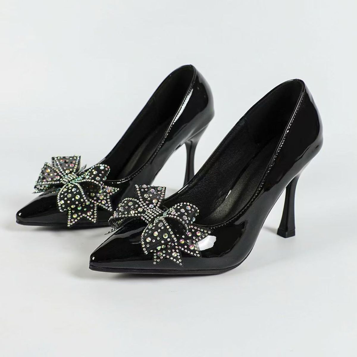 Women Pointed Toe Patent Pumps Stiletto High Heels Rhinestone Bow Dress Shoes For Wedding Evening Party 9cm Heel With Cushion_vogvips.com