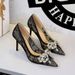 1963-H19 European And American Style Sexy Party High-heeled For Women, Lace Mesh With Rhinestone Bow, Pointed Toe_vogvips.com