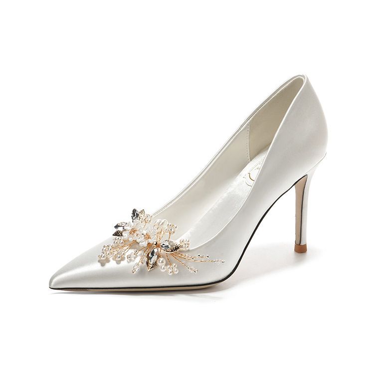 Women's Crystal Flower High Heel Wedding Shoes White Satin Evening Gown Reversible Shoes For Wedding Dresses_vogvips.com
