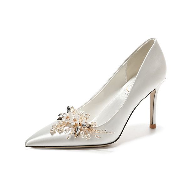 Women's Crystal Flower High Heel Wedding Shoes White Satin Evening Gown Reversible Shoes For Wedding Dresses_vogvips.com