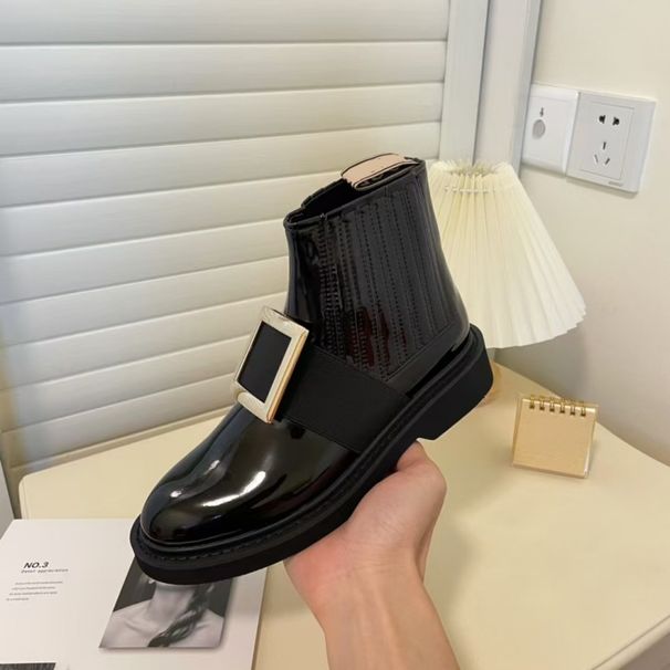 2024 Fall/Winter R Brand New Rhinestone Metal Square Buckle Thick-Soled Ankle Versatile Korean Style C Helsea Boots_vogvips.com