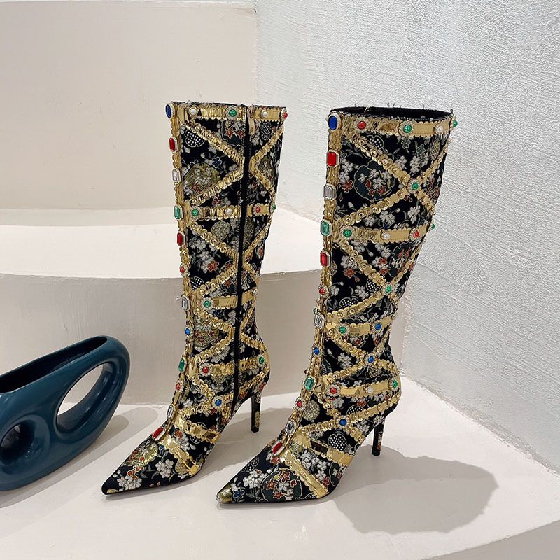 Women's Fashion Pointed Toe Stiletto Boots With Rhinestone & Ethnic Embroidery - High Heel Knee High Boots For Party & Evening Wear_vogvips.com