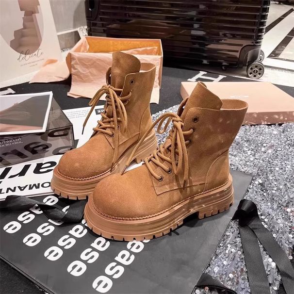 Plus Size Martin 41-43 Genuine Leather Letter Turn-down Collar Motorcycle Yellow Two-way Short Boots For Women_vogvips.com