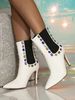 Elegant White Crystal-Embellished Peep-Toe Cutout Stiletto Boots - Pointed Toe, High Heel, Fashionable Mid-Calf Boots_vogvips.com