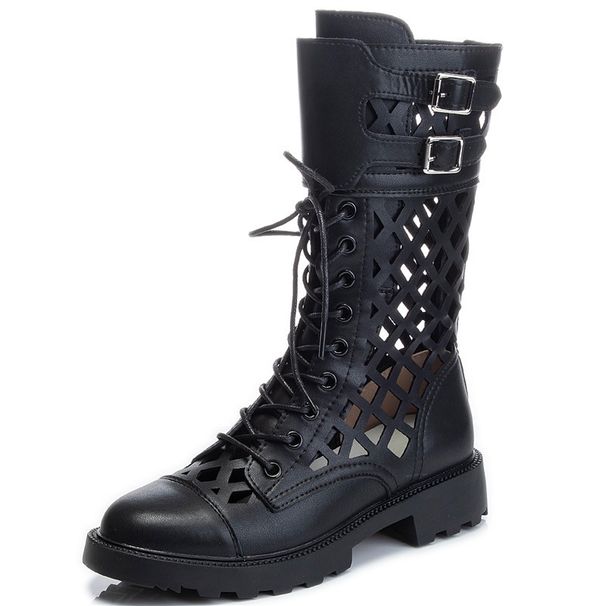 2025 Summer New Versatile Middle Heel Cool Black Mesh Eye Tube Hollow Hole Martin Boots For Women_vogvips.com