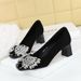 5297-H72 Korean Version Banquet Socialite Women's Square Toe, Mid Heel, Shallow Mouth, Rhinestone Bow, Suede, Coarse_vogvips.com