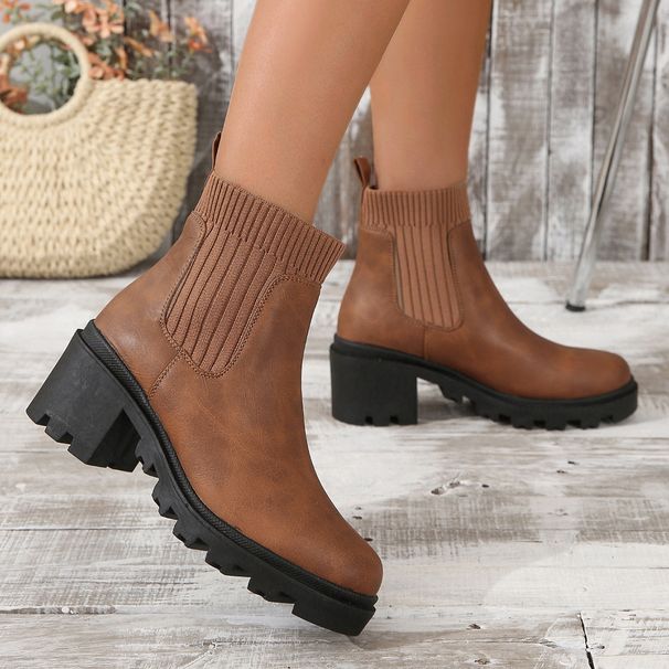 Women's British Style Knit-Cuff Leather Boots Round Toe Chunky Heel Ankle Boots For Winter Chunky Heel, Martin Boots, Round Toe, High Heel Ankle Boots_vogvips.com