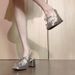 Lambskin! Women's Peep-Toe Sandals For Summer, Fashionable And Elegant Silver Bowknot Chunky Heel High Heels_vogvips.com