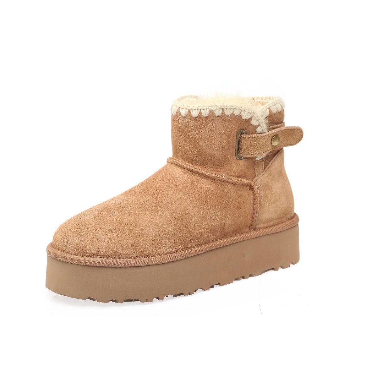 Fur And Leather Integrated Thick Soled Snow Boots With Winter Velvet And Thick Belt Buckle Cotton Shoes Short Boots_vogvips.com