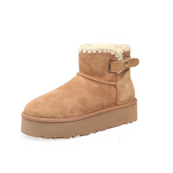 Fur And Leather Integrated Thick Soled Snow Boots With Winter Velvet And Thick Belt Buckle Cotton Shoes Short Boots_vogvips.com