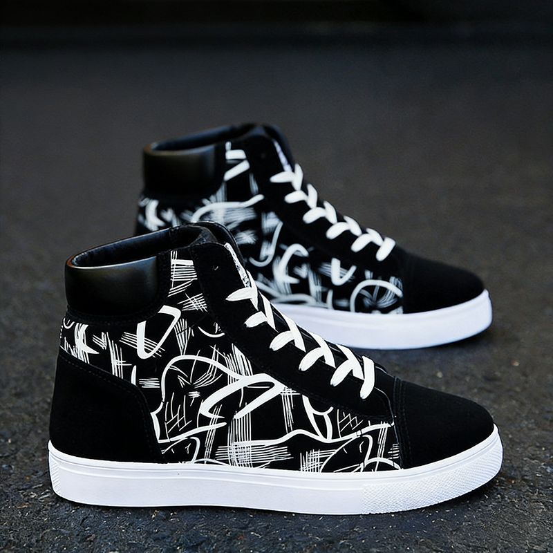 Street Style Fashion Sneakers Mens Casual Shoes Flat Breathable High Top Black Red Brand Male Footwear_vogvips.com