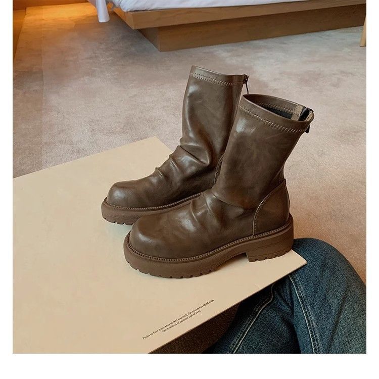 Women's Boots:Fashion Simple Design Martin Boots Chunky Heel,thick Sole,slim-fit Boots With Round Toe,pleated Design,back Zipper,stacked Short Boots_vogvips.com