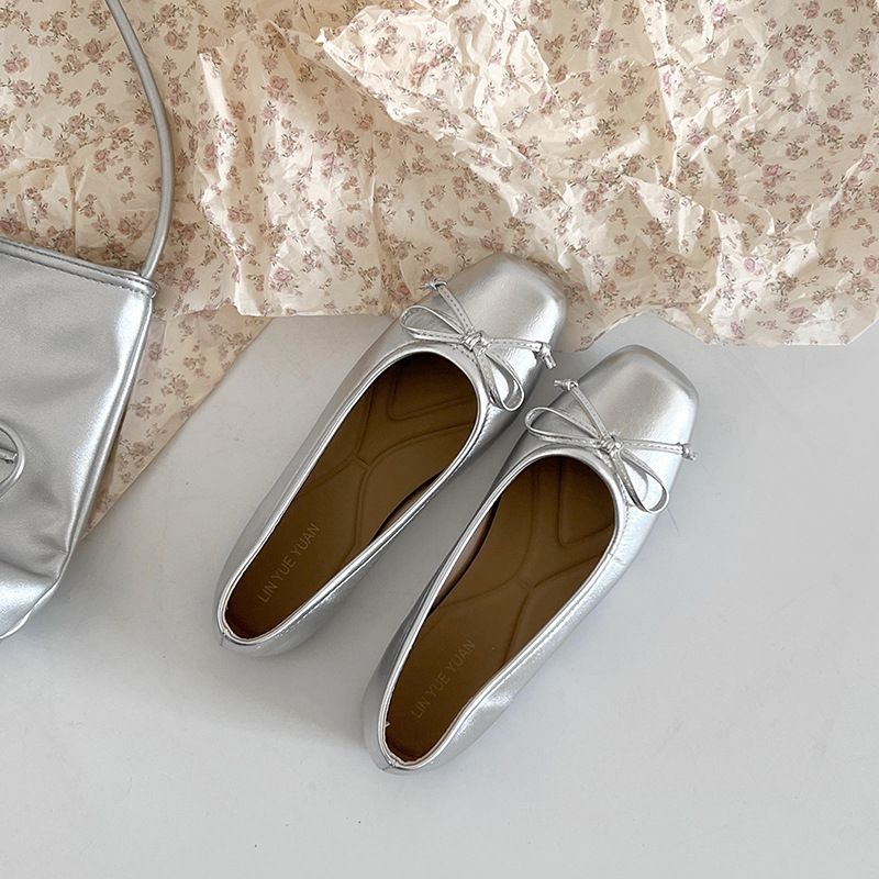 Women's Square Head Bow Single Shoes Spring And Summer French Flat-soled Silver Laden Shoes Light Mouth Bow Women's Shoes_vogvips.com