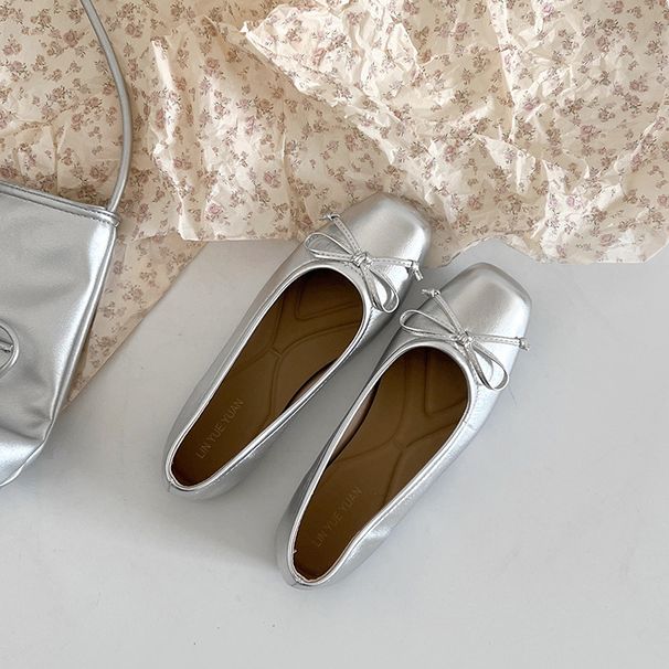Women's Square Head Bow Single Shoes Spring And Summer French Flat-soled Silver Laden Shoes Light Mouth Bow Women's Shoes_vogvips.com