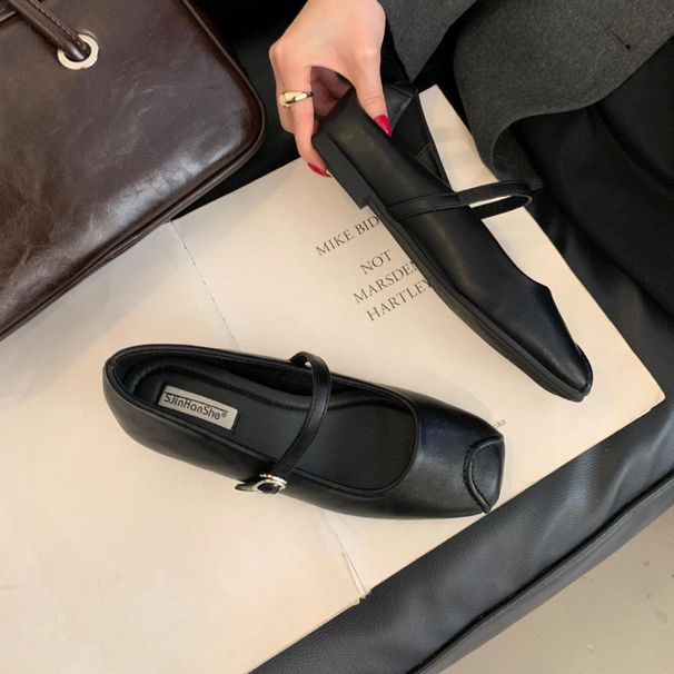 Spring And Autumn New Women S Mary Jane Flat Square Toe Granny French Style Elegant Single Strap Shoes For_vogvips.com