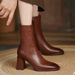 Chunky Short For Women 2024 Autumn Winter New Women's Simple Square Toe High Heel Side Zipper Fashion Mid-Calf Leather_vogvips.com