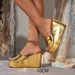 Women S Platform Heel Gold Shiny Fashion Elegant Simple Slip On Casual Sandals_vogvips.com