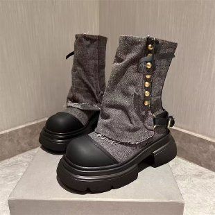 P9/Martin-Stiefel Für Damen, Kurze Jeansstiefel, Nieten, Zweiteilige Stiefel Im Hot-Girl-Stil, Dicke Sohlen, Erhöhte Stiefel Für Kleine Leute, Damen_vogvips.com