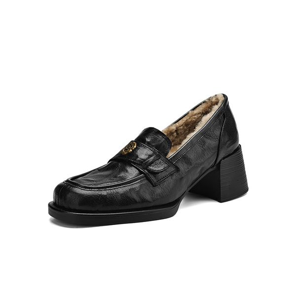 Single Shoes Women's Thick Heel Small Leather Shoes With Fleece To Keep Warm One Pedal Fluffy Shoes Loafers_vogvips.com